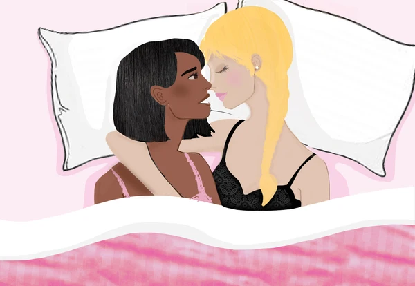An illustration of a couple lying close together in bed on pink bedding
